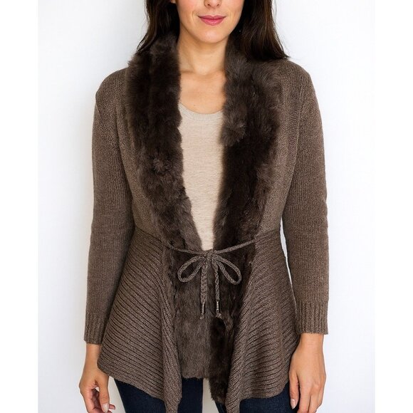 Women’s Wool Knit Cardigan Jacket Brown Rabbit Fur Trim Tie Waist Size Small - Picture 1 of 9